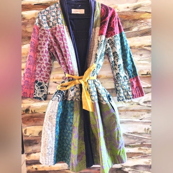 Anthropologie Jackets & Blazers - LILKA anthro Kimono Jacket Patchwork Robe Eclectic Belted Topstitched Coat XS EC